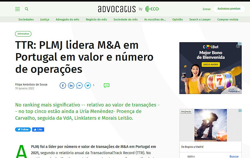 TTR: PLMJ lidera M&A em Portugal em valor e nmero de operaes